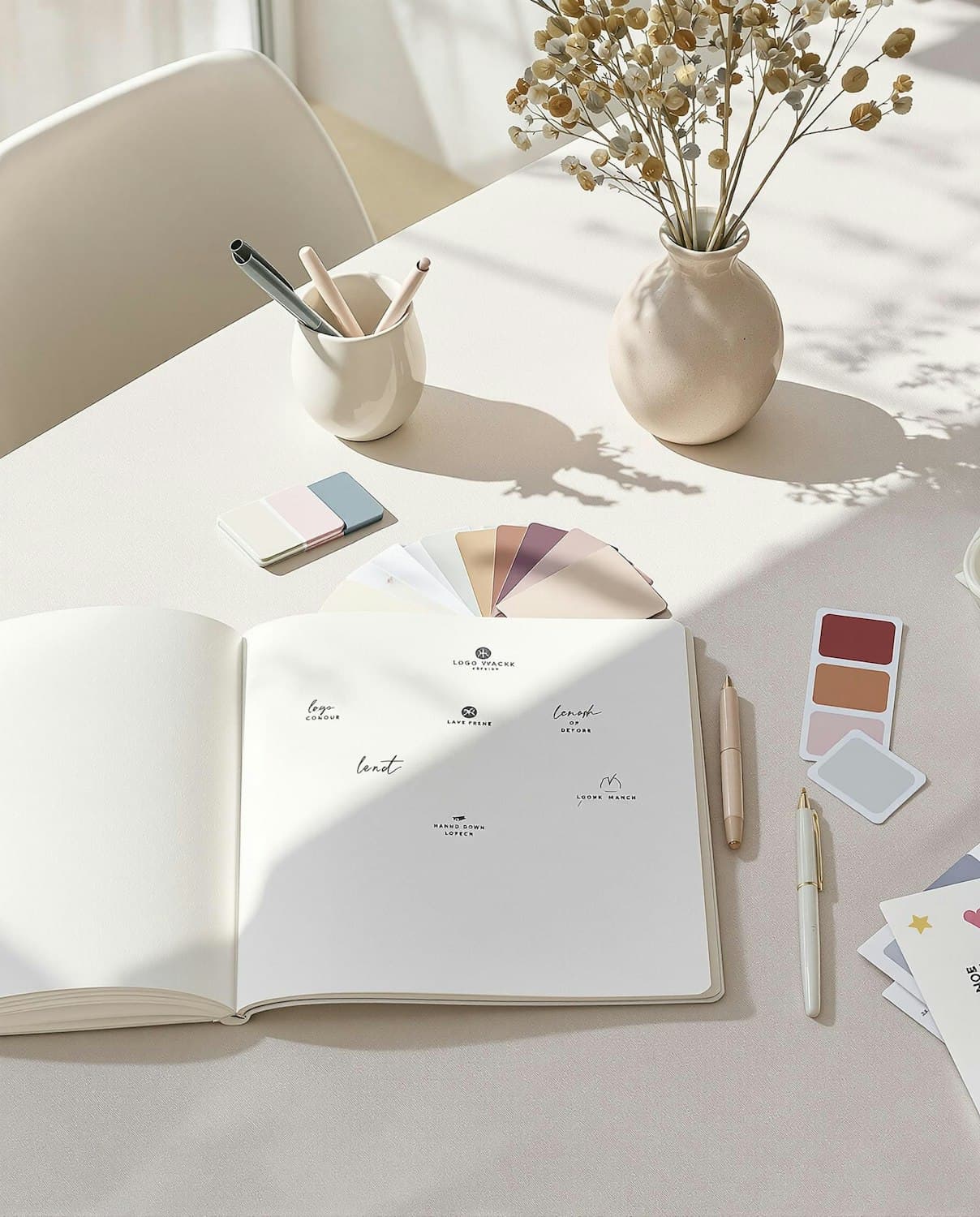 Andy's desk in the Lisbon studio, with an open sketchbook, colour swatches and dried flowers in the afternoon light