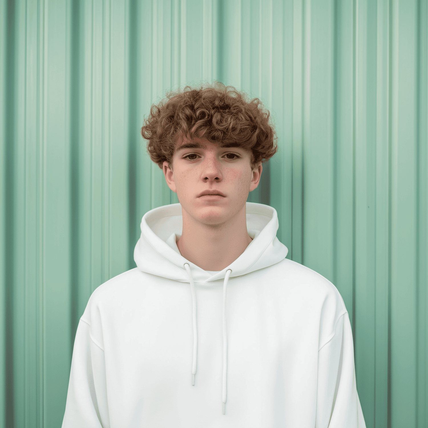 Portrait of Andy Brown in a white hoodie against a mint green wall
