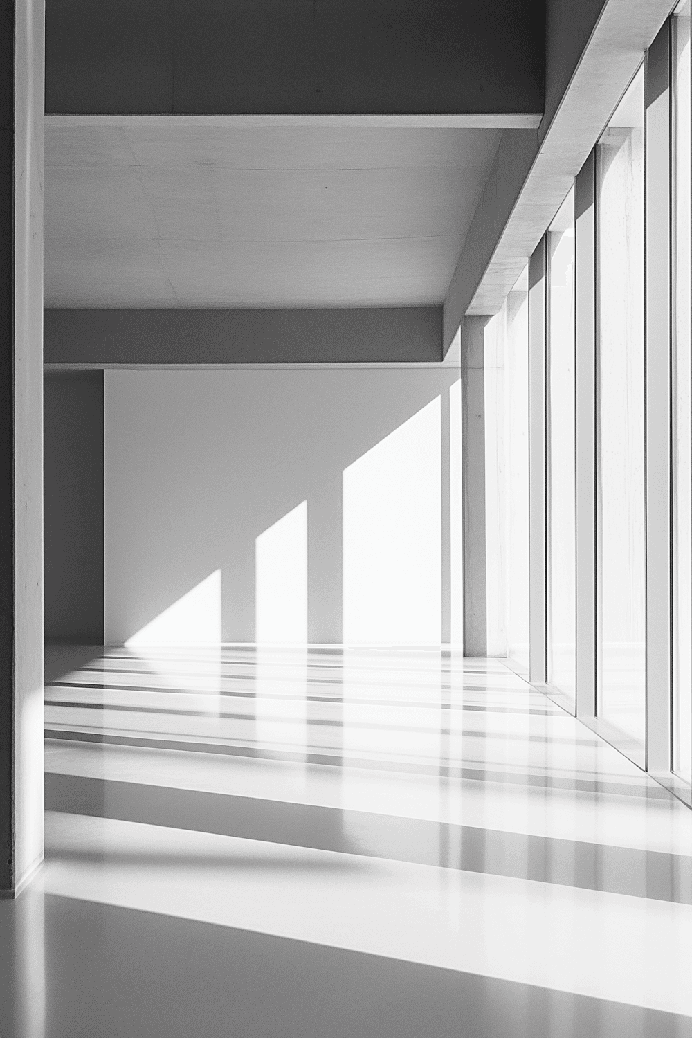 Black and white interior with tall windows casting long bands of light across a polished concrete floor