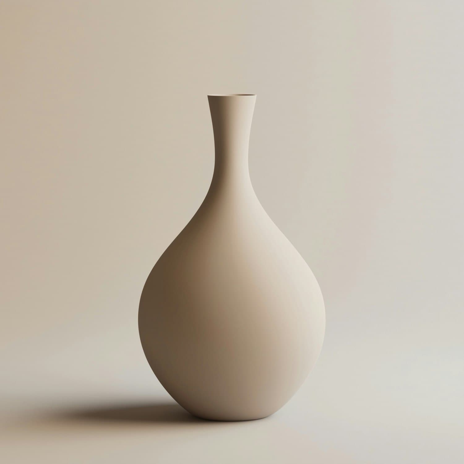 A matte sand-coloured ceramic vase with a narrow neck on a warm beige background