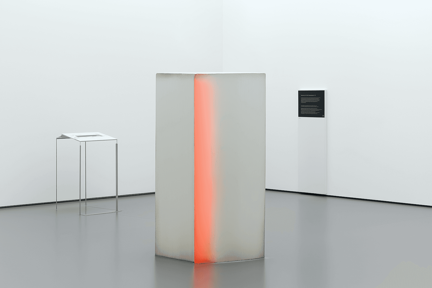 A white gallery with a tall monolith glowing red from within